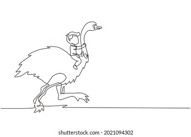 Single continuous line drawing happy little boy riding cute ostrich. Child sitting on back ostrich with holding its neck. Kid learning to ride ostrich. One line draw graphic design vector illustration