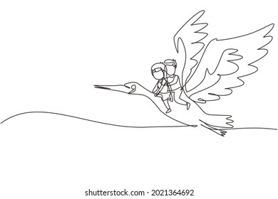 Single continuous line drawing happy little boy and girl flying with stork together. Children fly and sitting on back stork bird at sky. Kids learning to ride cute stork. One line draw graphic vector