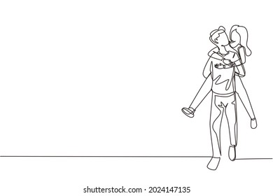 Single continuous line drawing happy man carrying and embracing woman. Happy romantic couple in love. Young couple relationship celebrate wedding anniversary. One line draw graphic design vector