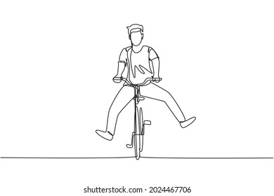 Single continuous line drawing happy young man in casual clothes riding bicycle. Healthy and sport lifestyle. Ecological vehicle of transportation. One line draw graphic design vector illustration