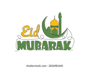 Single continuous line drawing of Happy Eid Al Fitr Mubarak and Ramadan Kareem concept. Islamic holiday calligraphic design for print, greeting card, banner, poster. One line draw design illustration