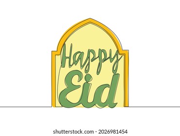 Einmalige, durchgehende Linienzeichnung des Konzepts Happy Eid Al Fitr Mubarak und Ramadan Kareem. Islamisches Ferien kalligrafisches Design für Druck, Grußkarte, Banner, Poster. Design-Illustration für eine Linie