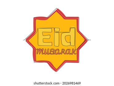 Single continuous line drawing of Happy Eid Al Fitr Mubarak and Ramadan Kareem concept. Islamic holiday calligraphic design for print, greeting card, banner, poster. One line draw design illustration