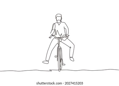 Una sola línea contínua dibujando feliz hombre árabe con ropa casual montando en bicicleta. Vida saludable y deportiva. Vehículo ecológico de transporte. ilustración vectorial de diseño gráfico de una línea