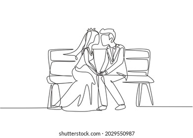 Single continuous line drawing happy man and woman face to face sitting on park bench and kissing with wedding dress. Romantic married couple dating in spring. One line draw graphic design vector