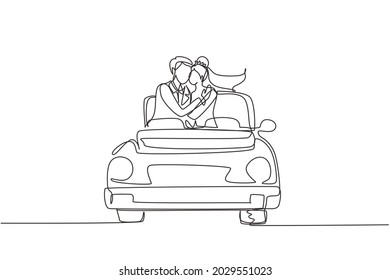 Single continuous line drawing happy married couple on road trip in vintage retro car wearing wedding dress. Romantic cute man and woman in vehicle. One line draw graphic design vector illustration