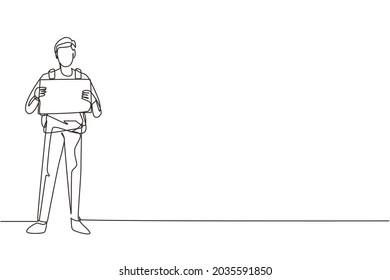 Una línea contínua dibujando feliz hombre viajando a dedo. Jóvenes turistas con mochilas intentando coger un coche en la carretera. Aventura de vacaciones, turismo, viajes. Ilustración vectorial de diseño de líneas de una línea