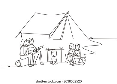 Single continuous line drawing happy family around campfire tent boil water in pot and sitting on logs. Dad playing guitar and sing song with mom and children. One line draw design vector illustration