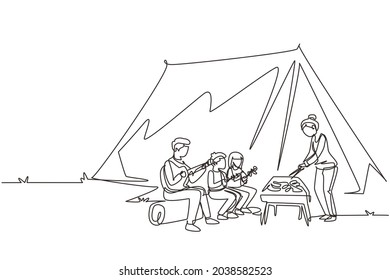 Single continuous line drawing happy family member are having barbecue in campsite. Father playing guitar, mother and kids preparing food for dinner at nature. One line draw design vector illustration