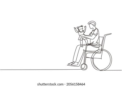 Single continuous line drawing happy disabled father with his child. Disability man holding baby in his arms. Family love concept. Physical disability, society. One line design vector illustration
