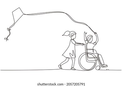Single continuous line drawing happy child disabled concept  Hand drawn little girl pushing boy in wheel chair and flying kite  Disabled has fun outside  One line draw design vector illustration