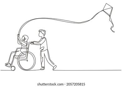 Single continuous line drawing happy child disabled concept  Hand drawn Arab boy pushing little girl in wheel chair and flying kite  Disabled has fun outside  One line draw design vector illustration