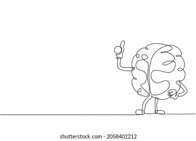 Single continuous line drawing happy human brain character with gesture thumb up. Flat doodle style knowledge concept design of emotional brain. One line draw graphic design vector illustration