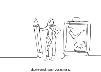 Single continuous line drawing happy smiling businesswoman with pencil, clipboard, checklist completed. Business success completed plan concept. One line draw graphic design vector illustration