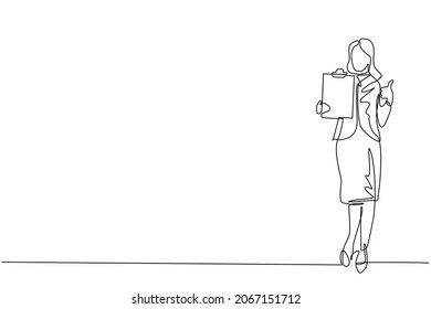 Single continuous line drawing happy young businesswoman wearing blazer holding clipboard   making showing thumbs up gesture sign  Person keeping file pad in hand  One line draw design vector