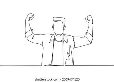 Single continuous line drawing happy employee of company stands in strong pose. Businessman gestures hand. Office worker. Achievement concept. Dynamic one line draw graphic design vector illustration