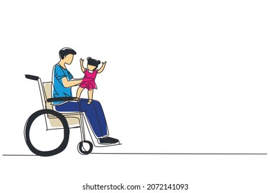 Dibujo de línea continua y feliz padre discapacitado con su hijo. Hombre discapacitado sosteniendo a un bebé en sus brazos. Concepto de amor familiar. Discapacidad física, sociedad. Ilustración vectorial de diseño de una línea