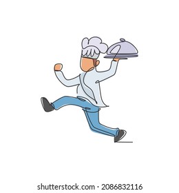 Single continuous line drawing of happy young man carrying tray cover cloche for food delivery service logo label. Restaurant food delivery concept. Modern one line draw design vector illustration