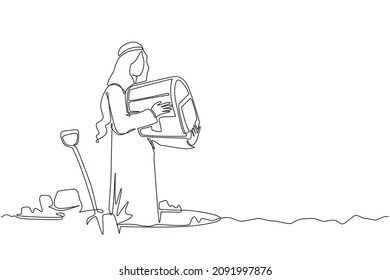 Single continuous line drawing happy man hunter seeker hold chest find treasure in ground. Excited Arabian businessman with gem artefact. Treasure gold hunting. One line draw graphic design vector