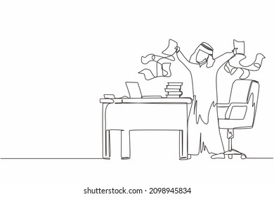 Single continuous line drawing happy Arabic businessman, company leader or office worker throwing documents in air, enjoying business success while sitting at workplace. One line graphic design vector