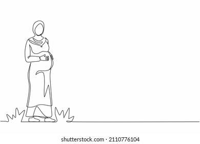 Single continuous line drawing happy Arabic pregnant woman holds her belly. Pregnancy resources type. Active well fitted pregnant female character. Happy pregnancy. One line draw graphic design vector