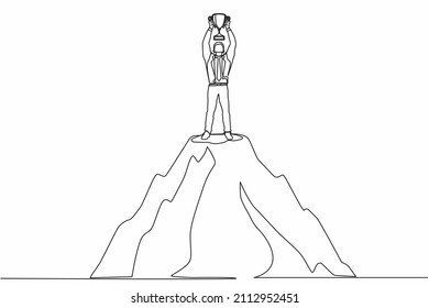 Single continuous line drawing happy businessman holding trophy on the top of the high mountain. Success, goal, achievement and challenge concept. One line draw graphic design vector illustration