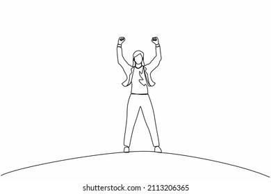 Single continuous line drawing happy businesswoman standing and raising hands or arms. Successful female. Career goal. Victory sign or symbol. Winner pose. One line graphic design vector illustration