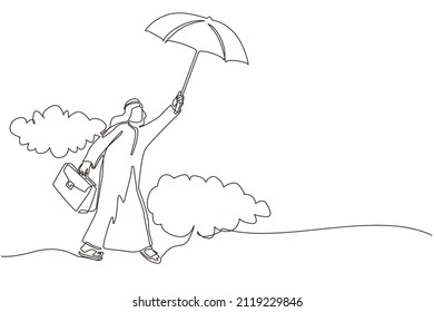 Single continuous line drawing happy wealthy Arab businessman flying with his umbrella holding briefcase. Office worker achieve financial independence. One line draw graphic design vector illustration