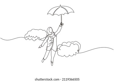 Single continuous line drawing happy wealthy Arabian businesswoman flying with her umbrella holding briefcase. Office worker achieve financial independence. One line graphic design vector illustration