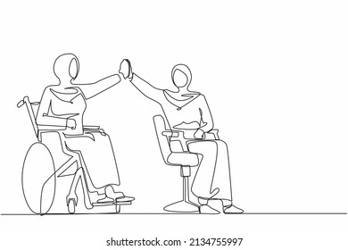 Single continuous line drawing happy disabled Arab woman give high five coworker. Office worker sitting in wheelchair joy. Colleague celebrating success. Good job sign. One line graphic design vector