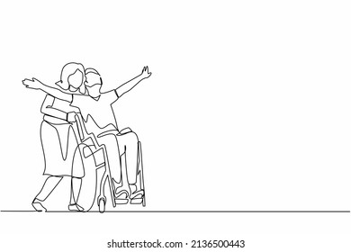 Single continuous line drawing happy disabled man in wheelchair walk and his loving wife outdoors  having fun  spending time together  Impaired couple enjoying fun day  One line draw design vector