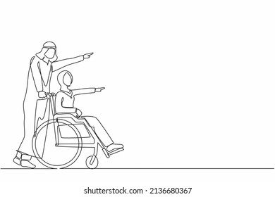 Single Continuous Line Drawing Happy Arabian Wife Have Fun Outdoor, Pointing At Park With Husband. Caregiver Man Pushing Woman On Wheelchair, Enjoy Health Care Activity. One Line Graphic Design Vector