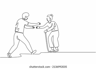 Single continuous line drawing happy man running to meet grandmother  Vacation at grandparents home  Mother  senior female  retired  summertime  holiday  One line graphic design vector illustration