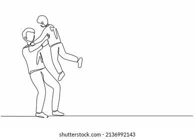 Single continuous line drawing happy father's day. Loving father carrying his little son on raised hands. Young family with dad and child playing together. One line graphic design vector illustration