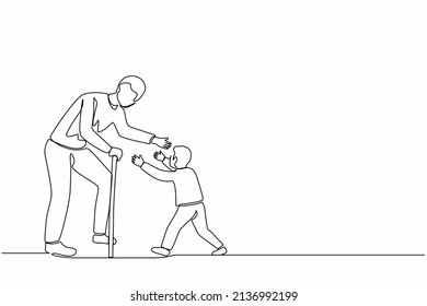 Single continuous line drawing happy little boy running to hug his grandfather. Grandson visiting grandparents. Senior man welcoming grandchild at home. One line graphic design vector illustration