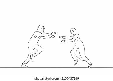 Single continuous line drawing happy Arab man and woman run to meet each other. Female want to embrace male friend. Happy couple. Meeting of friends, love concept. One line draw graphic design vector