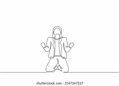 Single continuous line drawing happy businesswoman kneeling with both hands do gesture yes. Female manager celebrating success of increasing company product sales. One line draw graphic design vector