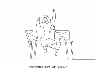 Single continuous line drawing happy Arab businessman jump with raised hands on his workplace. Male manager celebrating success of increasing company product sales. One line draw graphic design vector