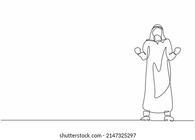 Single continuous line drawing happy Arabian businessman standing with both hands do gesture yes. Young office worker celebrate success of company project. One line graphic design vector illustration