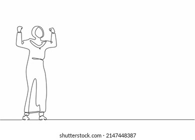 Single continuous line drawing happy Arab businesswoman standing with raised her clenched hands. Female manager celebrating success of increasing company product sales. One line graphic design vector