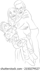 Single continuous line drawing happy father, mother and daughter. The girl in her mother's arms and the husband hugging his wife. Outline hand drawn family. Illustration father , mother and child.