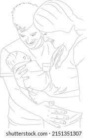 Single continuous line drawing happy father, mother and daughter. New born baby. The baby in the arms of his parents. Outline hand drawn family. Illustration father , mother and child.