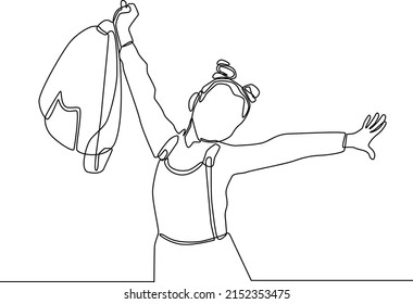 Single continuous line drawing of happy schoolgirl and rise up her hands with bag. End of school. Education concept one line draw design graphic vector illustration.