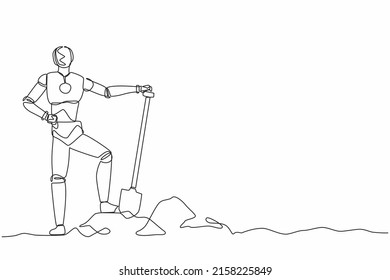 Single continuous line drawing happy robot standing near digging hole after work. Robotic artificial intelligence. Electronic technology industry. One line draw graphic design vector illustration