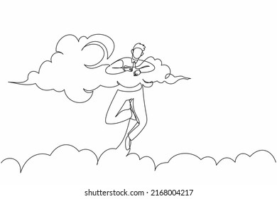 Single continuous line drawing happy businessman hang in clouds. Hoping for success, financial freedom, winning business project, achievement concept. One line draw graphic design vector illustration