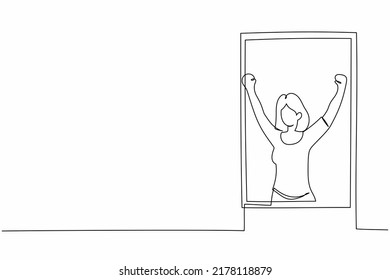 Single continuous line drawing happy woman doing stretching and look out of window. Welcome new day and breathe fresh air. Enjoy sunny weekend at home. One line draw graphic design vector illustration