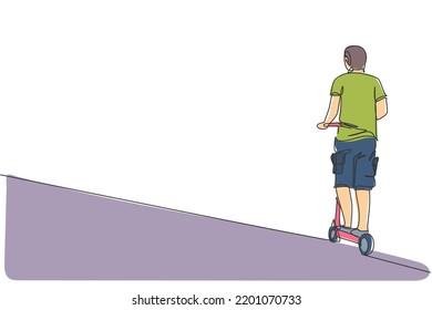 Single continuous line drawing of happy man riding electric scooter at public area, rear view. Eco friendly transportation. Urban lifestyle concept. Trendy one line draw design vector illustration