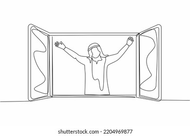 Single continuous line drawing happy Arab man looking out of window meet new day breathe fresh air. Male stretching in morning enjoy sunny weekend at home. One line graphic design vector illustration