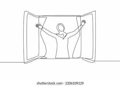 Single continuous line drawing happy Arab woman doing stretching and look out of window. Welcome new day and breathe fresh air. Enjoy sunny weekend at home. One line graphic design vector illustration