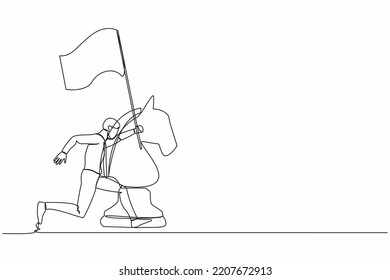 Single continuous line drawing happy businessman running and holding flag beside big horse chess piece. Business achievement goal, win competition. Dynamic one line graphic design vector illustration